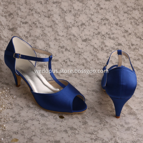 Mid Heel Court Shoes for Women Blue Satin